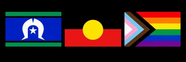Torres Strait Islander flag, Aboriginal flag, and Progress Pride flag