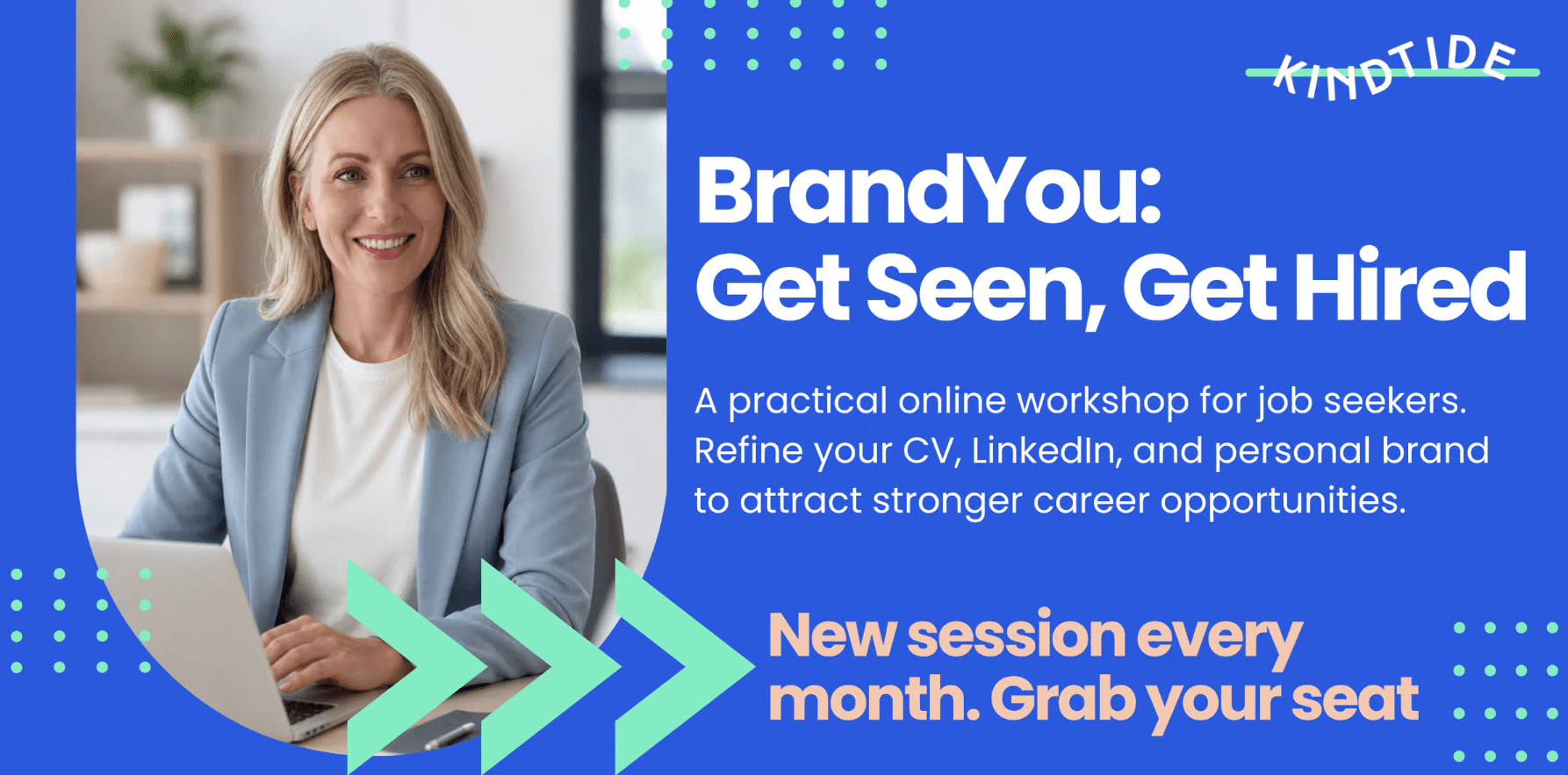 BrandYOU by Kindtide promotional banner: Get Seen, Get Hired, a practical online workshop for job seekers